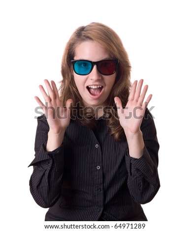 Crazy girl with 3D glasses is shocked by 3D effect