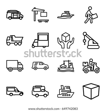 Shipping icons set. set of 16 shipping outline icons such as truck, crane, van, handle with care, cargo truck, cargo ship, courier, delivery car, ship, delivery bike