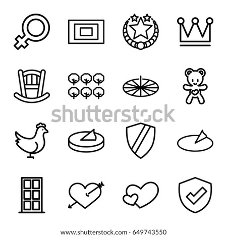 Decoration icons set. set of 16 decoration outline icons such as chicken, tree, door, baby bed, female, crown, heart, bear teddy, photo, sundial, heart with arrow, star