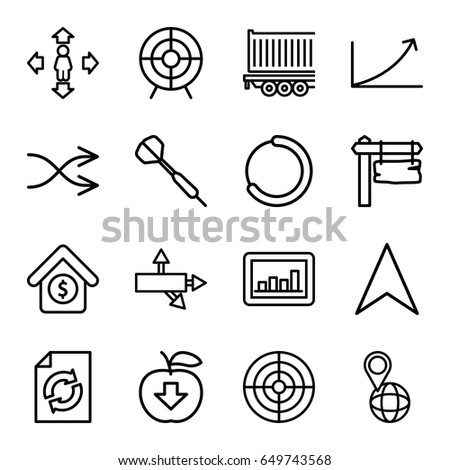 Arrow icons set. set of 16 arrow outline icons such as man move, reload, direction board, graph, pin on globe, cargo trailer, shuffle, target, house sale, dart, apple download