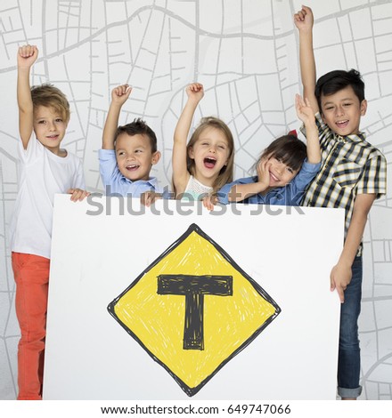 Children holding network graphic overlay banner