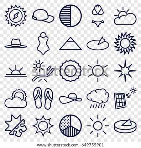 Sun icons set. set of 25 sun outline icons such as sun, pyramid, sunbed, hat, star, brightness, cold and hote mode, solar panel, flip flops, swimsuit, baseball cap