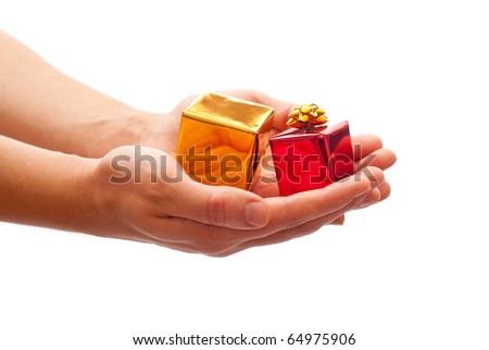 Man's hands holding a gifts. Isolated on white background