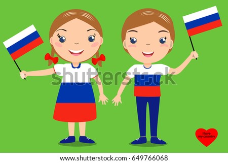 Smiling children, boy and girl, holding a russian flag isolated on green background. Vector cartoon mascot. Holiday illustration to the Day of the country, Independence Day, Flag Day.  