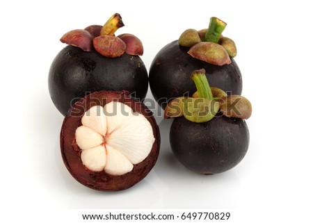 Asian tropical Mangosteen fruit on white background.