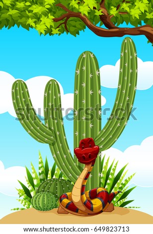 Cactus plant and snake on the ground illustration