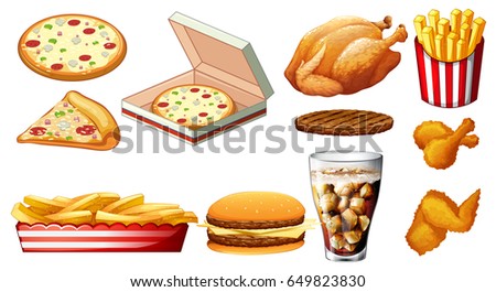 Different types of fastfood and drink illustration