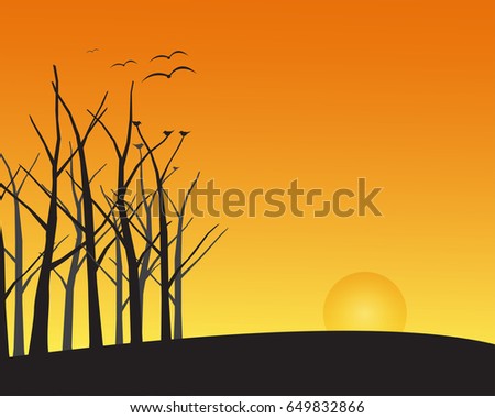 Forest silhouette landscape, sunset background with trees bird hill and sun on orange background 