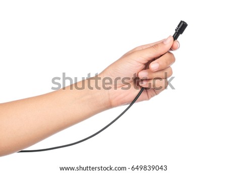 hand holding tool Microphone lapel or lavalier isolated on white background