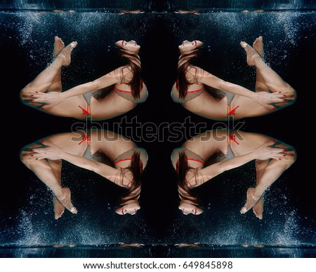 Underwater pattern of young attractive beautiful woman (free diver) on the dark background