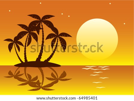 vector illustration of tropical palm island in moon or sun light
