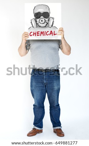 Man holding banner covering face network graphic overlay