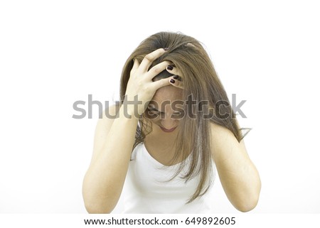 Head down with unhappy sad face, pose by lifestyle of asian beautiful woman portrait in casual dress looking front, standing and thinking negative in grey background.