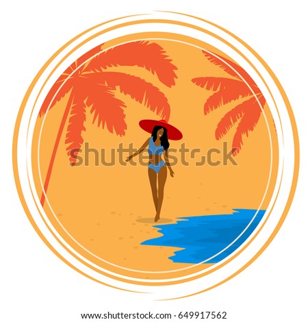 Round Retro poster with palm trees, sea, Girl and beach. Vintage postcard, the concept of summer holidays on the island. Vector illustration.