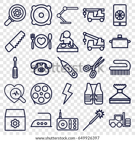 Equipment icons set. set of 25 equipment outline icons such as forklift, sparklers, window squeegee, clean brush, iron, gear, saw, screwdriver, truck with hook