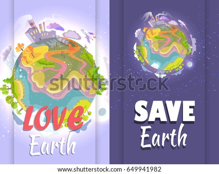 Poster urging people to stop destroying planet. Vector illustration of Earth depicting human impact on environment and its consequences