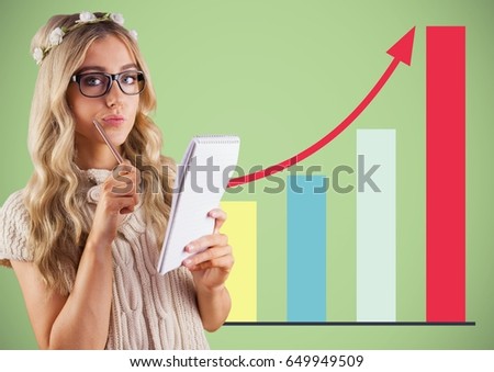 Digital composite of Woman with flowers in hair and notebook against colourful graph and green background