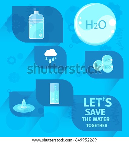 Lets save water together agitation placard with water in bottle, H2O drop, glass and puddle on blue background vector illustration.