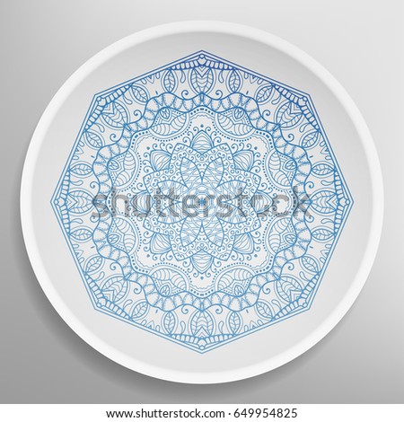 Decorative plate with round ornament in ethnic style. Mandala circular abstract floral pattern. Fashion background with ornate dish. Vector illustration