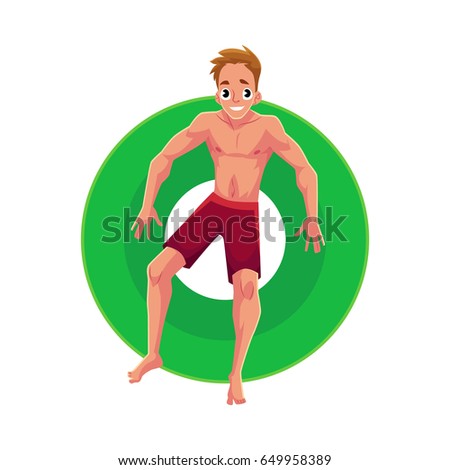 Young Caucasian man on floating inflatable ring resting in star position, top view cartoon vector illustration isolated on white background. Young man swimming on inflatable ring, pool party