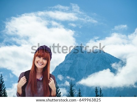 Digital composite of mountain travel, happy woman with purple hat in front of a mountain