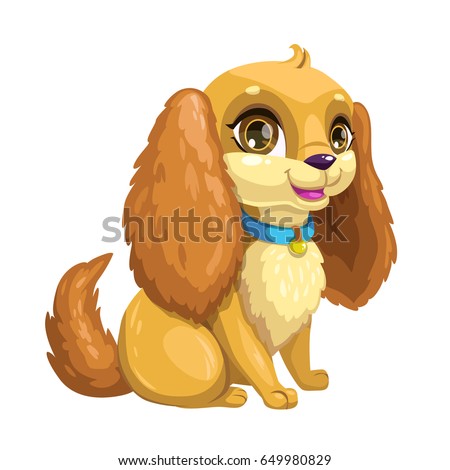 Little cute cartoon sitting puppy with long ears. Vector dog icon, isolated on white background.
