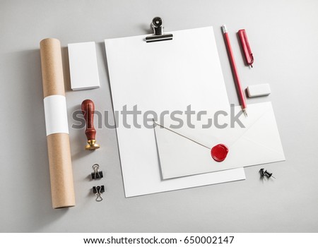Photo of blank branding template on paper background. Blank stationery set. Mockup for branding identity for placing your design. Responsive design mockup.