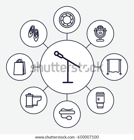 Studio icons set. set of 9 studio outline icons such as shopping bag, pin microphone, camera shutter, camera tape, studio curtain, camera lense, ballet shoes