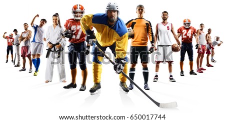 Huge multi sports collage soccer basketball football hockey baseball boxing etc Royalty-Free Stock Photo #650017744