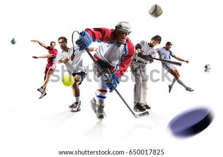 Sport collage volleyball tennis football baseball ice hockey soccer etc Royalty-Free Stock Photo #650017825
