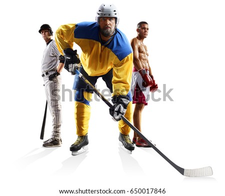 Multi sports collage ice hockey baseball boxing isolated on white Royalty-Free Stock Photo #650017846