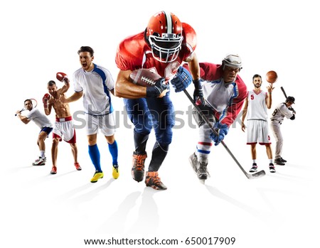 Sport collage boxing soccer american football basketball baseball ice hockey etc Royalty-Free Stock Photo #650017909