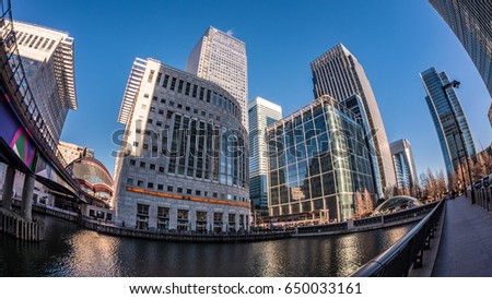 Fish eye view of the financial district of the Docklands in London