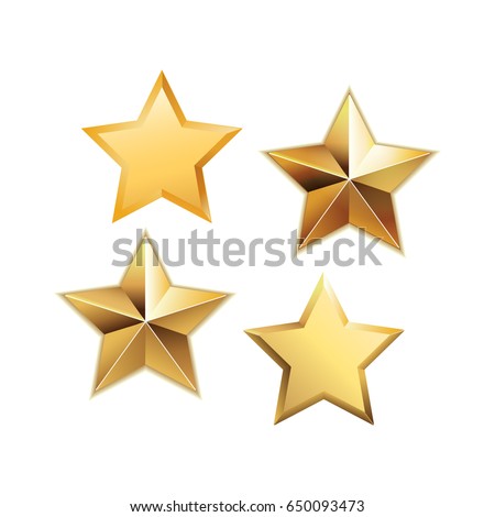 Vector set of realistic metallic golden stars isolated on white background. 
Glossy yellow 3D trophy star icon. Symbol of leadership.