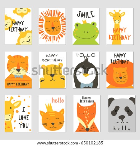 Vector cards with cute illustration of animal faces for banners, flyers,placards . Vector clip art for children.
