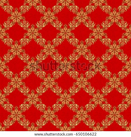 Seamless pattern with golden elements, curls and ornaments on a red background. Vector oriental style arabesques.