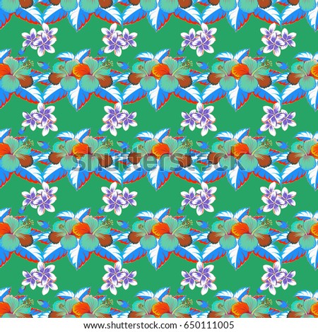Vector seamless floral pattern with flowers and leaves in green and blue colors.