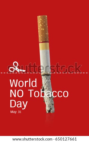 world no tobacco day. Scissors with cut lines, Cigarette on a red background