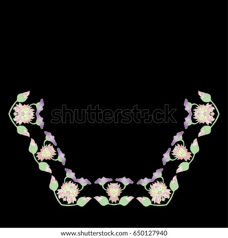 Embroidery. Embroidered design elements with flowers in botanical style on a black background. Stock vector illustration.
