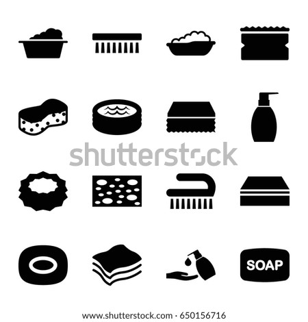 Soap icons set. set of 16 soap filled icons such as baby bath, sponge, laundry, clean brush