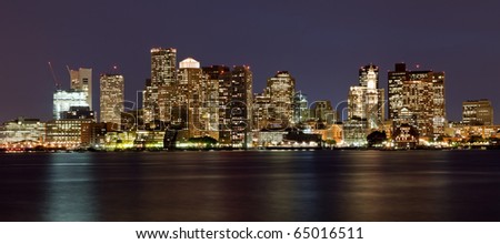Boston nightly skyline panorama, Massachusetts, USA