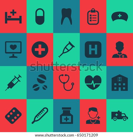 Medicine Icons Set. Collection Of Retreat, Device, Injection And Other Elements. Also Includes Symbols Such As Illness, Instrument, Healer.