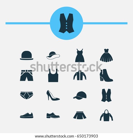 Dress Icons Set. Collection Of Stylish Apparel, Waistcoat, Briefs And Other Elements. Also Includes Symbols Such As Cardigan, Shoe, Dress.