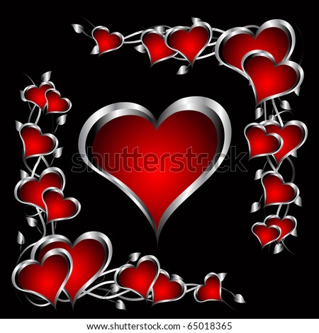 A red hearts Valentines Day Background with silver hearts and flowers on a black background