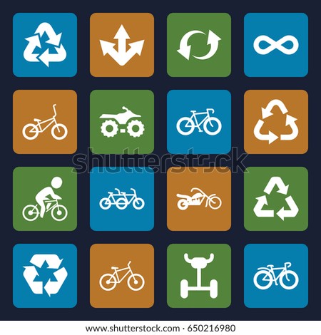 Cycle icons set. set of 16 cycle filled icons such as recycle, bicycle, update, eternity, motorcycle, wheel, family bicycle