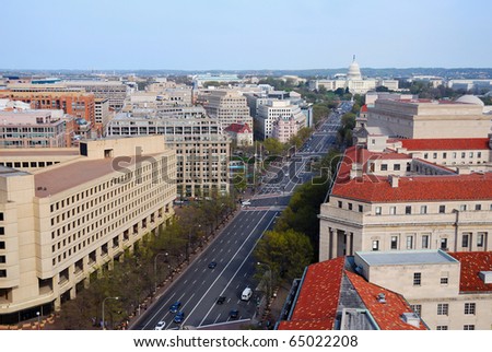 Washington DC skyline with government buildings and capitol hill on Pennsylvania Avenue.