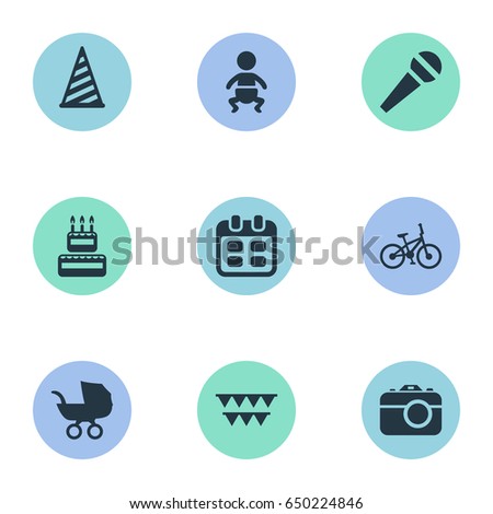 Vector Illustration Set Of Simple Celebration Icons. Elements Cap, Baby Carriage, Infant And Other Synonyms Stroller, Schedule And Party.