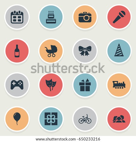 Vector Illustration Set Of Simple Celebration Icons. Elements Bicycle, Cap, Resonate And Other Synonyms Party, Microphone And Speech.
