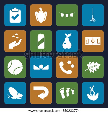 Green icons set. set of 16 green filled icons such as leaf, hand with seeds, butterfly, call, rake, pear, pepper, party flag, arrow up, tennis ball, beer can, plant