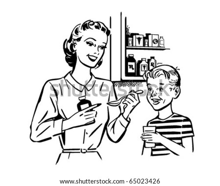 Mom Giving Medicine To Son - Retro Clipart Illustration